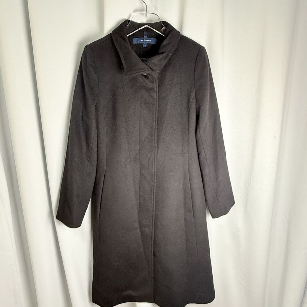 Cole Haan Hidden Button Down Wool Blend Longline Black Basic Coat Sz 8